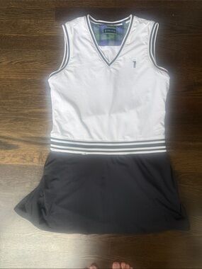 White & Black Sleeveless Tennis Dress with Striped Waist